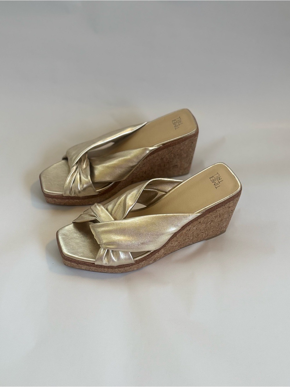 Time and Tru Gold Metallic Cork Wedge Sandals